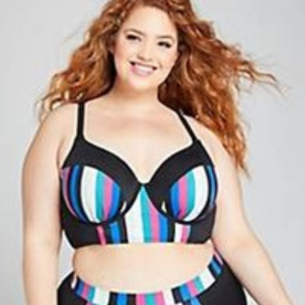 Lane Bryant longline swim bikini top with balconette bra, size 38F